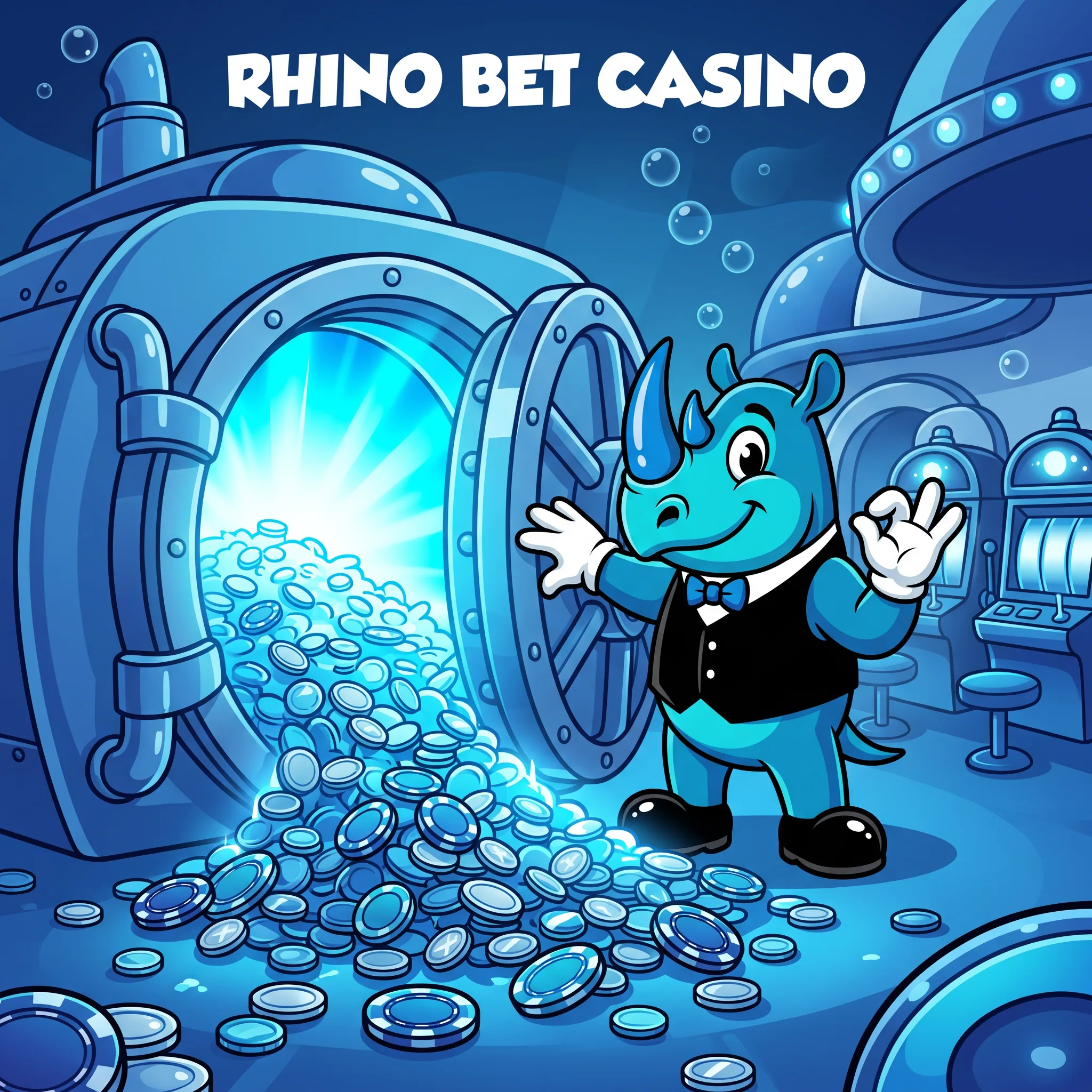 Rhino Bet mascot opening a casino jackpot vault